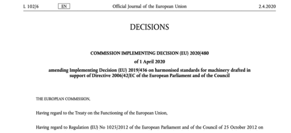 机械指令2006/42 / EC:欧盟委员会更新了欧洲协调标准清单 机械指令2006/42 / EC:欧盟委员会更新了欧洲协调标准清单